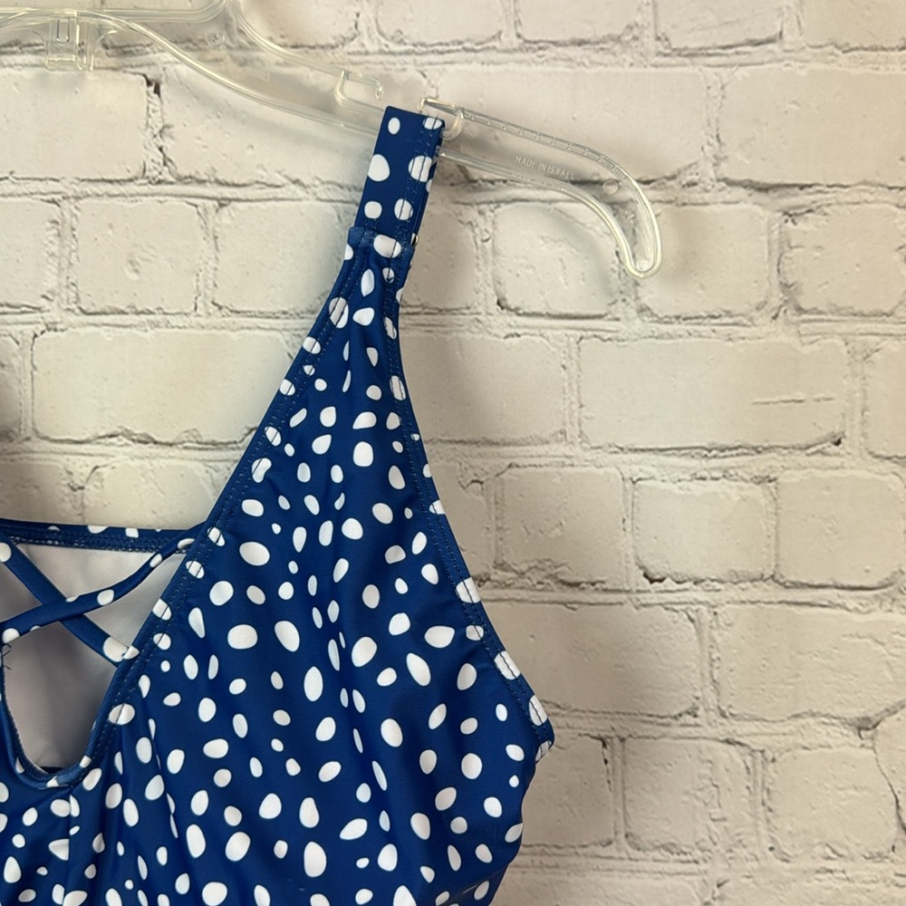 BloomChic Blue & White Polka Dot Ruffle Hem Crisscross Neck Tankini Top … - Picture 3 of 7
